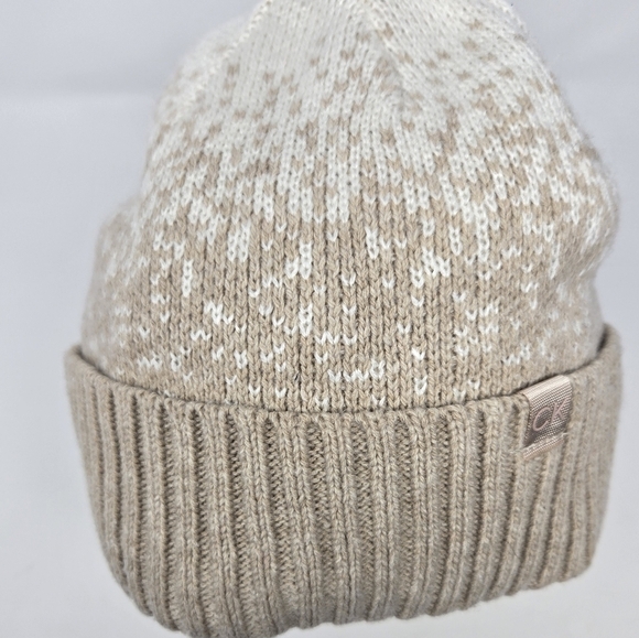 CALVIN KLEIN TAN & CREAM FLEECE LINED BEANIE HAT ACCESSORY FOLDED BRIM WOMEN OS - Picture 4 of 12